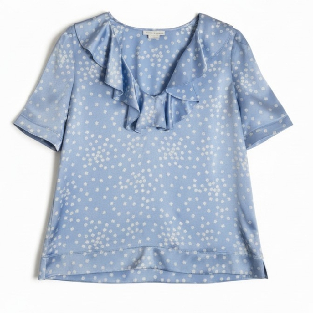 Worth Blue Silk Ruffle Blouse V Neck Floral Dot Print Short Sleeve Pullover 8